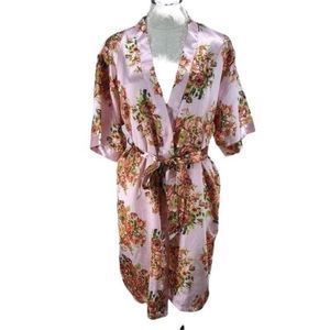 Inner Most Pink Floral Satin‎ Kimono Duster robe